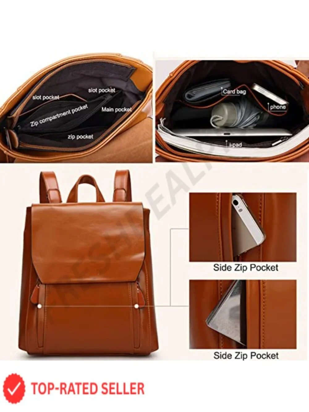 Vegan Oil Wax Leather Backpack for Women - Water Resistant, 2 Compartments,